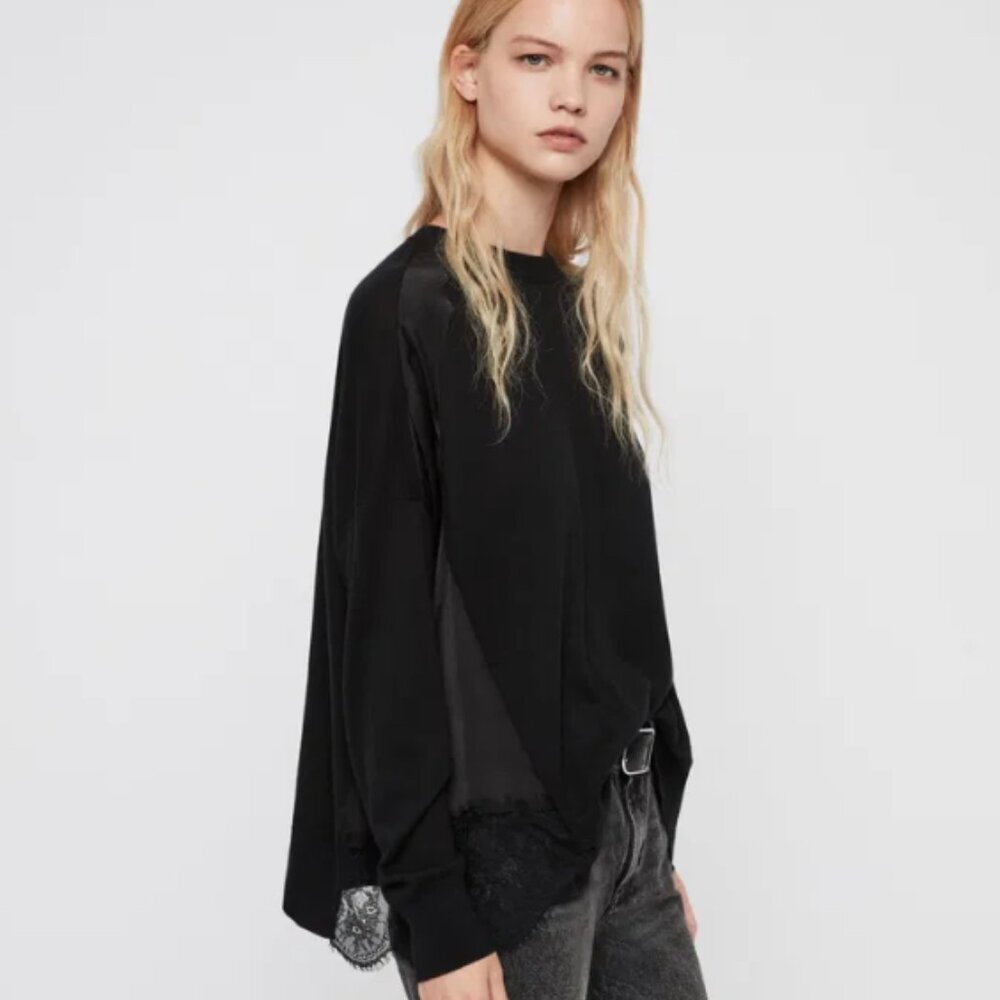 AllSaints The Paola Crew Neck Jumper Relaxed Fit with Satin & Lace Trim Size XS